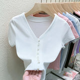 Znbbw T Shirts Women V-Neck Pearl Buttons Cropped Tshirt Tee Lady Solid Slim Cardigan Crop Top for Female