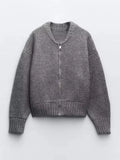 Znbbw O-neck Women Short Cardigan Retro Zipper Long Sleeve Knitted Sweater Female 2024 Casual Loose Solid Patchwork Sweaters