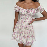 Znbbw New Summer Casual Off Shoulder Tie Up Floral Print A-Line Dress Sexy Women Short Sleeve Slim Mini Dress for Club Party