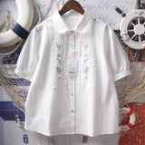 Znbbw Sweet Shirts Embroidery Peter Pan Collar Button Cardigan Blouses Summer Puff Sleeve Tops Preppy Style Girl Clothing