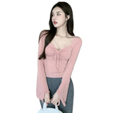 Znbbw Women's T-shirt Solid Square Neck Slim Fit Sexy Slim Fit Sweet Spicy Long Sleeve T-shirt Short Top