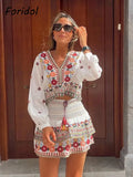 Znbbw Sleeve Women Autumn Embriodery Paisley Print Skirt Set Outfits V Neck Button Tiered Mini Skirt Dress Suit Vintage Set
