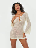 Znbbw Backless Cutout Crochet Knit Beach Mini Dress for Women Bikini Cover-ups Long Sleeve V-Neck Bodycon Short Dresses