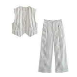 Znbbw Stripes Vest Pants Set Fashion 2 Pcs Outfits Summer Autumn Women Blazer Pants Set Loose Casual Wide Leg Pants Suit New