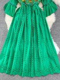 Znbbw Ethnic Style Embroidery Hollow Round Neck Trumpet Sleeve Waist A-line Dress Seaside Holiday Swing Vestidos Women D1233