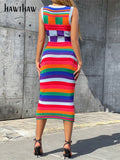 Znbbw Women Fashion Sleeveless Striped Bodycon Streetwear Knitted Midi Dress 2023 Autumn Clothes Wholesale Items For Business