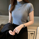 Znbbw Summer Half Turtleneck Slim Knitted T-shirt Women Elegant Solid Short Sleeve Casual Versatile Pullover Casual Skinny Tops