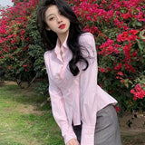 Znbbw Striped Shirts Women Y2K Streetwear Folds Tunic Crop Tops Korean Fashion Simple Pink Long Sleeve Slim All Match Blouses