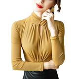 Znbbw Mesh T Shirts Women Hollow Out Crossed Turtleneck Full Sleeve Tops Tees Lady Autumn High Stretchy Folds TShirt