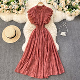 Znbbw Temperament Fashion Vestidos Women's French Elegant Pleated Ruffled Waist and Thin Temperament Lace Midi Dress C416