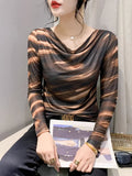 Znbbw Spring Summer Double-Layer Mesh Top Long Sleeve Printing T-shirt Woman Slim Fitting Tee For Female