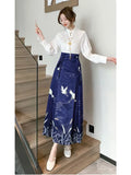 Znbbw Women Spring Autumn New Chinese Style Printing Leisure Time Temperament Hanfu Horse Face Skirt Satin Fabric Long Skirt  D5322