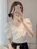 Znbbw Vintage Blouses V Neck Puff Sleeve Bandage Pleated Plaid Shirts Summer Female Slim Crop Top Chic All Match Women Clothes