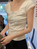 Znbbw Trim Bow Slim Crop Top Women Cute Fairycore Square Neck Summer Cotton Short Sleeve T Shirt Vintage White Sweet Tees Top Y2k