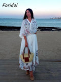 Znbbw Marine Organism Embroidery Batwing Sleeve Summer Spring Maxi Skirt Set Cotton White Tassle Dress Set Outfits Button Suit