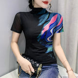 Znbbw Summer Women Half Turtleneck Short Sleeve T Shirts Lady Elastic Tops Tees Female Basic Fashion Printing Mesh T-Shirt