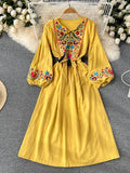 Znbbw Style Retro Embroidered Dress Women's Mid-length Waist Slim Lantern Sleeves Literary Gentle A-line Vestidos Women D1031