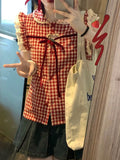 Znbbw Plaid Lolita Kawaii Blouse Women Flying Sleeve Japanese Sweet Elegant Shirts Female Lace Korean Casual Clothes Summer 2024