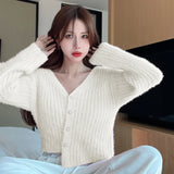 Znbbw Women's Sweater V-neck Temperament Short Style Solid Color Knitted Pearl Buckle Women's Top Sweater