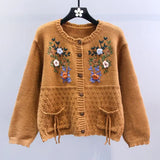 Znbbw Chic Cardigan Knit Coats Single Breasted Flower Embroidery Pockets Sweaters All Match Vintage Autumn Loose Women Clothing