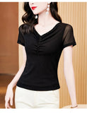 Znbbw Women Fashion Diamonds V-neck Short Sleeve T-shirts Tops Girls High Stretchy Sheath Mesh Tee Shirts For Woman