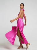 Znbbw Women Elegant Pressed Pleat Backless Dresses 2023 Spring Summer Sexy Solid Satin Dress Female Bodycon Fashion Party Gown