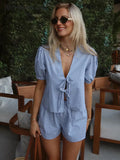 Znbbw Plaid Shorts Sets Women Loose Lace Up V-neck Puff Sleeve Shirts Wide Leg Short Pants 2024 Summer Lady Two Pieces Sets New