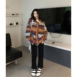 Znbbw Striped Knitted Cardigan Women Streetwear Gradient Sweater Coat Harajuku Plus Size Knitwear Korean Patchwork Jumper Tops