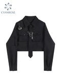 Znbbw Women Blouses Harajuku Punk Streetwear Black Casual Gothic Tie Blouse Vintage Long Sleeve Loose Turn Down Collar Shirt Tops