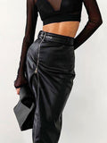 znbbw 2023 Autumn Winter Black Pencil Skirts Women Pu Leather Sexy High Waist Split Midi Skirt Party Irregular Zipper Dress Y2k