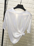 Znbbw woman tops shiny loose short sleeve t-shirt sexy club aesthetic harajuku women stylish bright silk tshirt