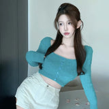 Znbbw Version Solid Color Square Neck Sweater Slim Fitting Fashion Exposed Navel Long Sleeved Cardigan Sweater