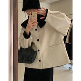 Znbbw Wool Blends Coats Women Korean Cropped Woolen Overcoat Sweet Peter Pan Collar Short Jackets Streetwear Casual Outwear