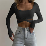 Znbbw O-Neck Twist Hollow Out Crop Top T-Shirts for Women Long Sleeve Thumb Holes Fall Outfits Streetwear Slim T Shirt