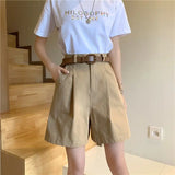 Znbbw Pure Cotton Shorts Women Korean Belt Black Wide Leg Suit Shorts S-3Xl Ladies Fashion Elegant White Baggy Short Pants New