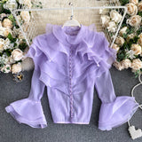 Znbbw Women's Spring Autumn Shirt Sexy Multi-layered Ruffles Blouse O-Neck Buttons Slim Fit Flare Sleeve Top Female Blusa GX1053