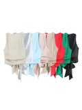 Znbbw TRAF Women Fashion With Tied Satin Back Open Crop Blouses Vintage O Neck Sleeveless Female Shirts Blusas Chic Tops