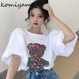 Znbbw Funny Cartoon Bear Print Tops O Neck Puff Short Sleeve T Shirt Women Sweet Fashion T Shirts Summer 2024 New Ropa Mujer