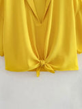 Znbbw TRAF 2023 Woman 2 Piece Set Fashion Shirt Suit Knot Short Top+Dropping Pajama Style Pants Causal Outfits