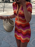 Znbbw Colorful Stripes Knit Skirt Set Women Elegant Lapel Short Sleeve Cardigan Suit New Summer Chic Female Party Streetwear