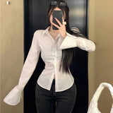 Znbbw White Shirts Women Streetwear Bandage Crop Tops Korean Fashion Black Flare Long Sleeve Slim All Match Chic Blouses Spring