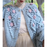 Znbbw Crop Knitted Cardigans Women 3D Flower Sweater Coat Sweet Single Breasted Knitwears Jackets Korean Loose Jumper Outwear