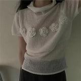Znbbw Floral Patchwork Ropa Mujer Half High Collar Tops Short Sleeve T Shirt Korean Chic Camisetas Summer Knitted Clothes Women