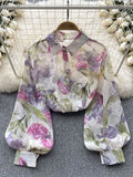 Znbbw Women Spring Shirt Korean Version Temperament High-end Floral Shirt with Bubble Sleeve Design Niche and Unique Top D5053