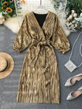 Znbbw Autumn Women's Party Dress Ins Temperament Vintage Waist Pleated Female Long Sleeve Sexy Dress GD226