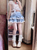 Znbbw Sweet Y2k Skirts Ruffles Lace Patchwork Bandage Design Denim Mini Skirt Summer Korean All Match Kawaii Girl Clothing