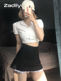 znbbw Sexy White Shirt Women Stand Neck Button Short Sleeve Slim Crop Blouse 2023 Summer New Party Y2k Female Clothing Tops