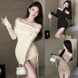 Znbbw Shoulder Long Sleeved Knitted Dress for Women's Autumn And Winter Drawstring Pleated Waist Wrap Hip Skirt