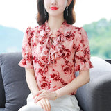 Znbbw Summer Women Tops Short Sleeve Print Chiffon Blouse Shirt Blusas Mujer De Moda 2023 Verano Ruffles V-Neck Blouse Women G580