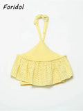 Znbbw Women Yellow Lace Halter Sexy Top Knitted Elastic Ruffles Hollow Out White Crop Top Summer Autumn Cotton Camis 2024